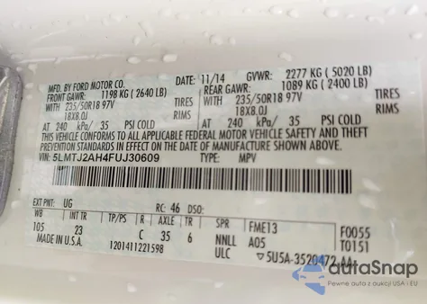 2015 Lincoln Mkc z USA, uszkodzony, nr VIN 5LMTJ2AH4FUJ30609